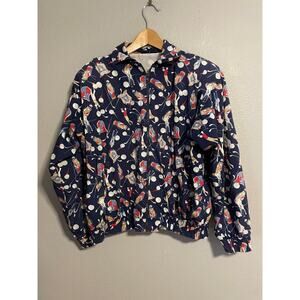 Golf Allover Print Windbreaker Jacket Mens Large Navy Blue Full Zip Elastic Hem